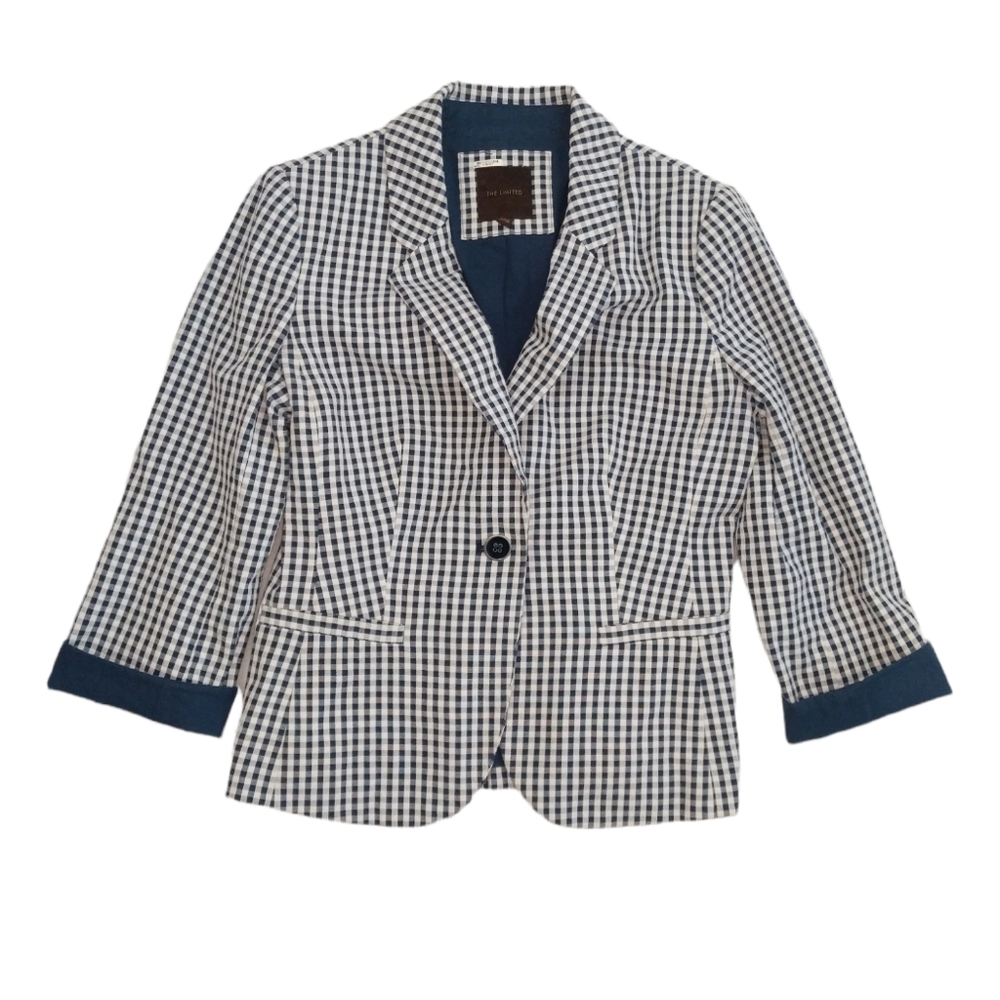 The Limited Navy gingham check blazer jacket, one button 3/4 sleeve